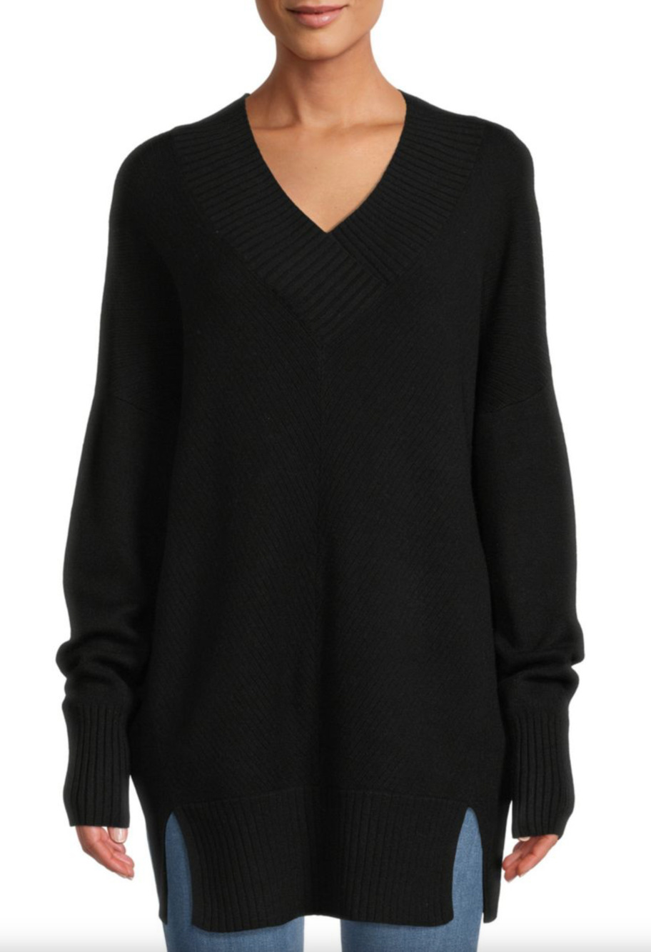 Stitchdrop Womens Black V Neck Ribbed Knit Trim Sweater Pullover Size Small NWT